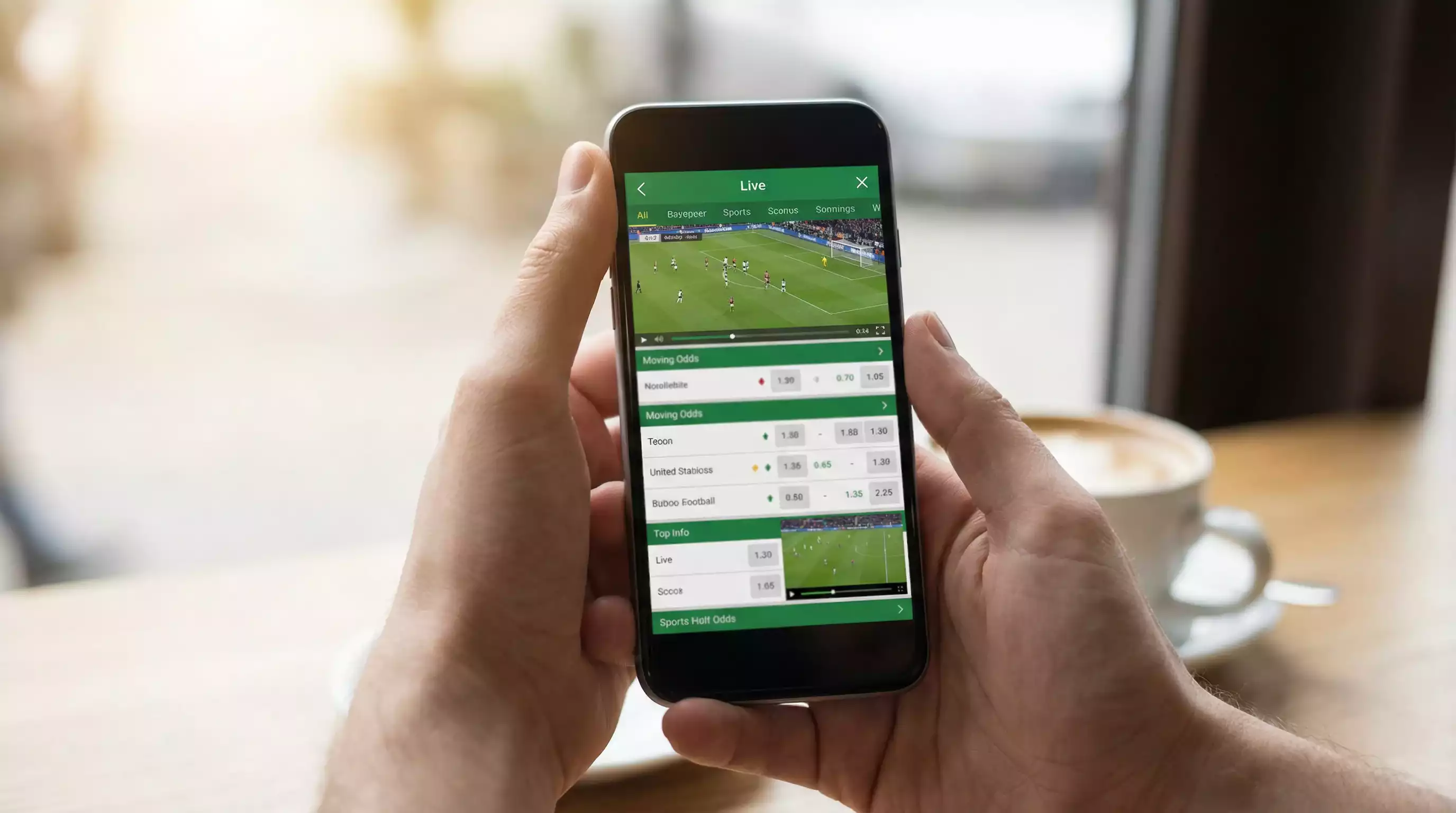 Smartphone mostrando aplicación de apuestas deportivas con partido en vivo