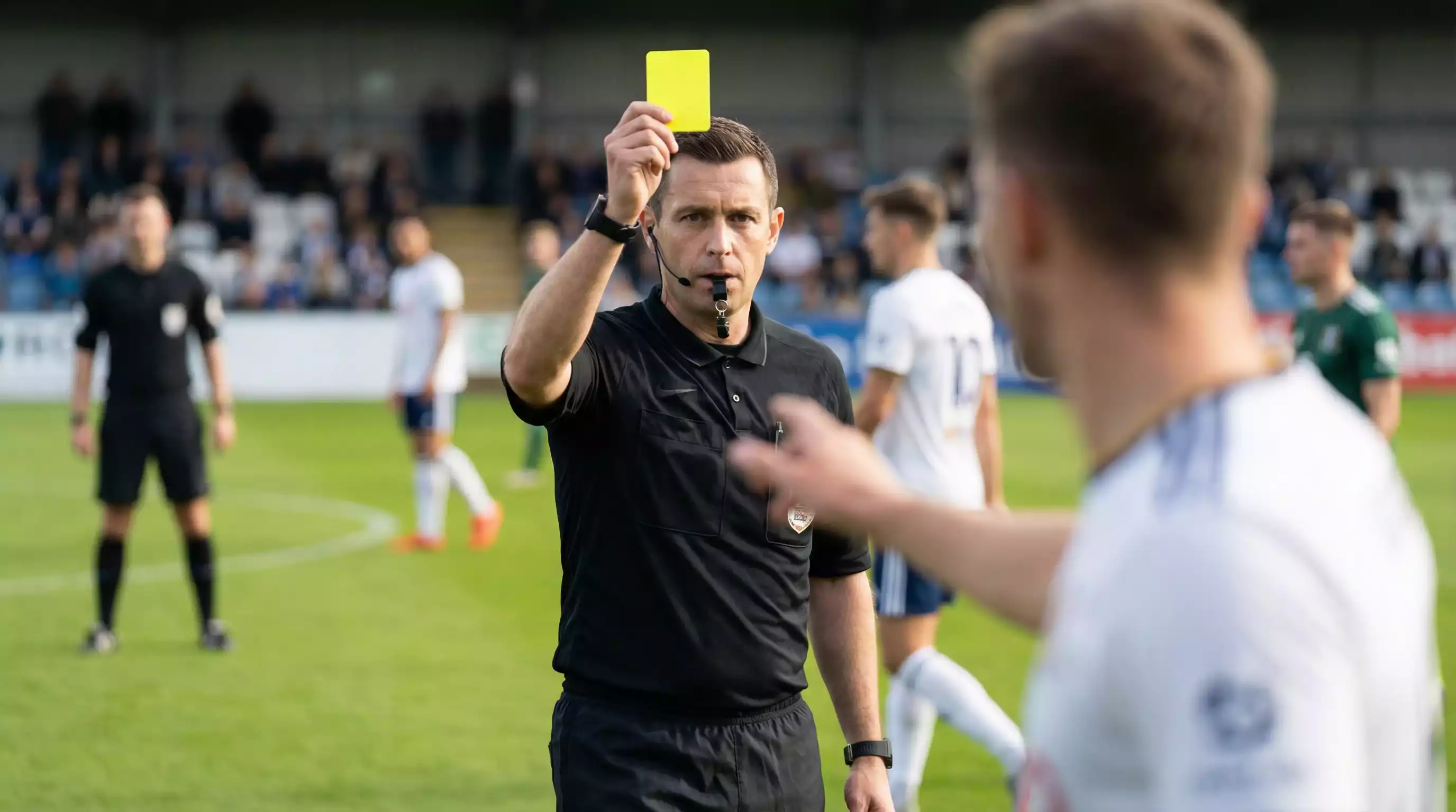 Árbitro de fútbol mostrando tarjeta amarilla durante partido de liga