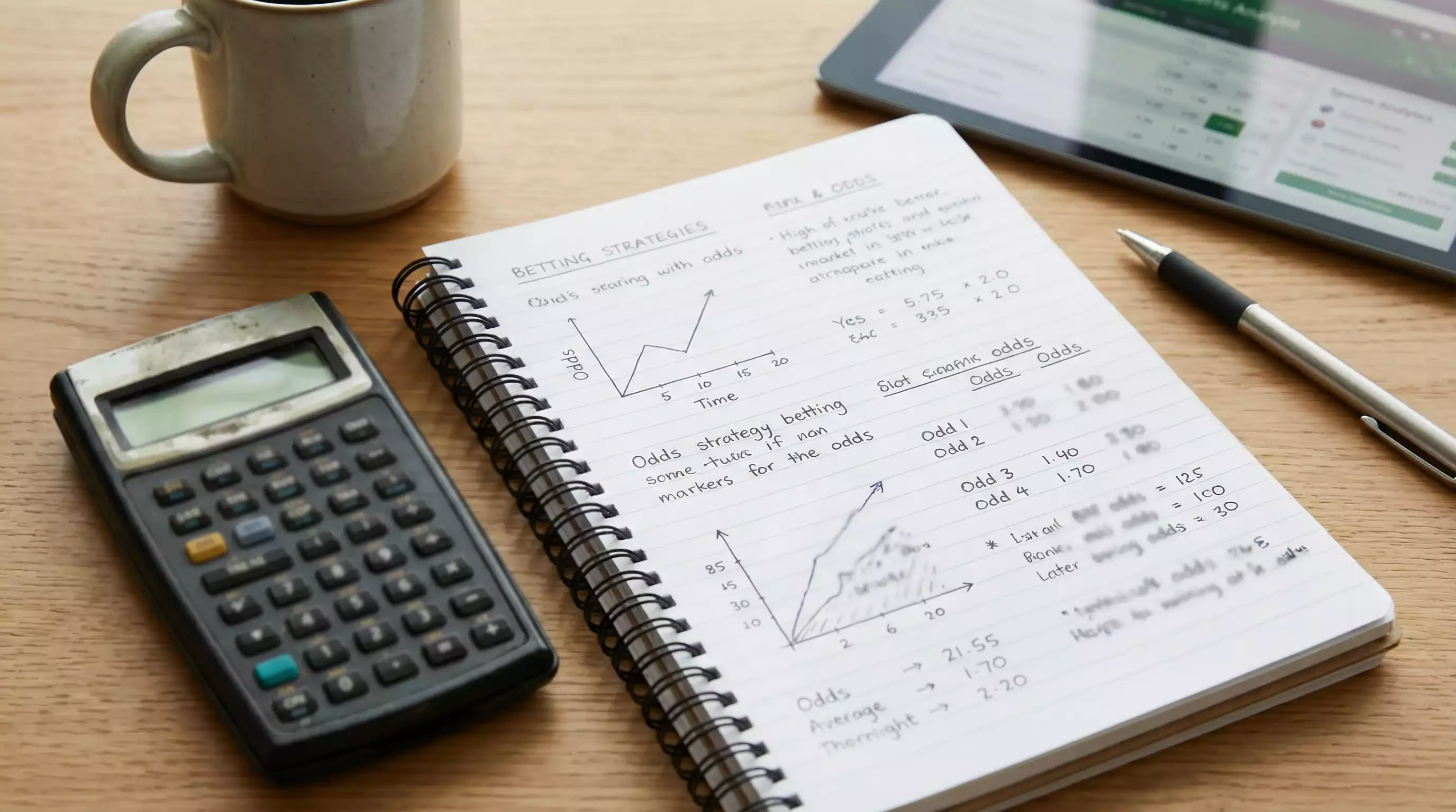 Calculadora y cuaderno con anotaciones de gestión financiera de apuestas