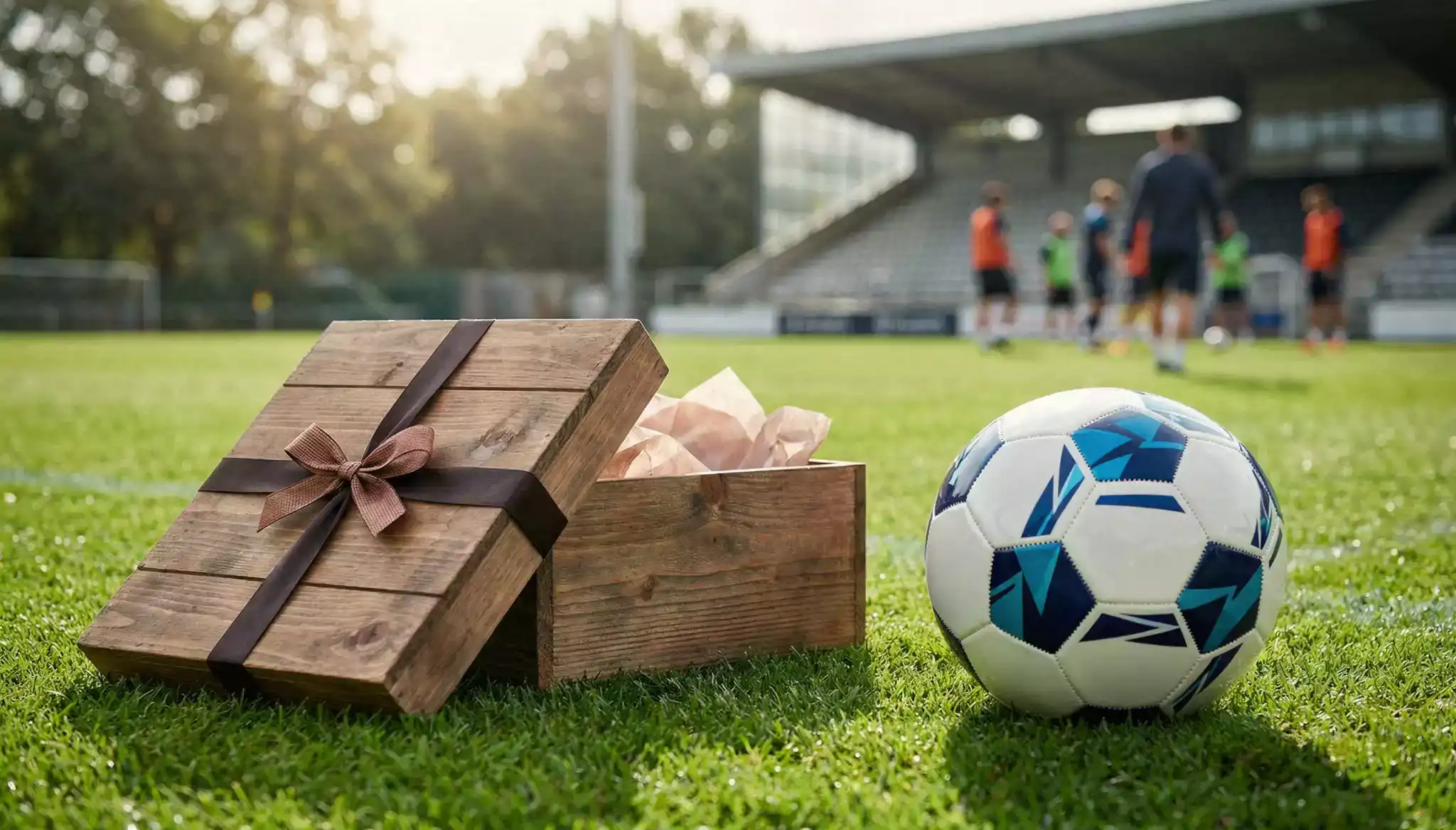 Icono de regalo promocional junto a balón de fútbol sobre césped