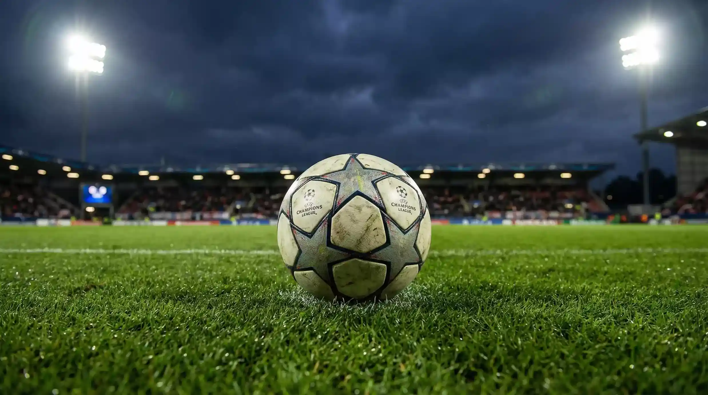 Balón oficial de Champions League sobre césped de estadio europeo