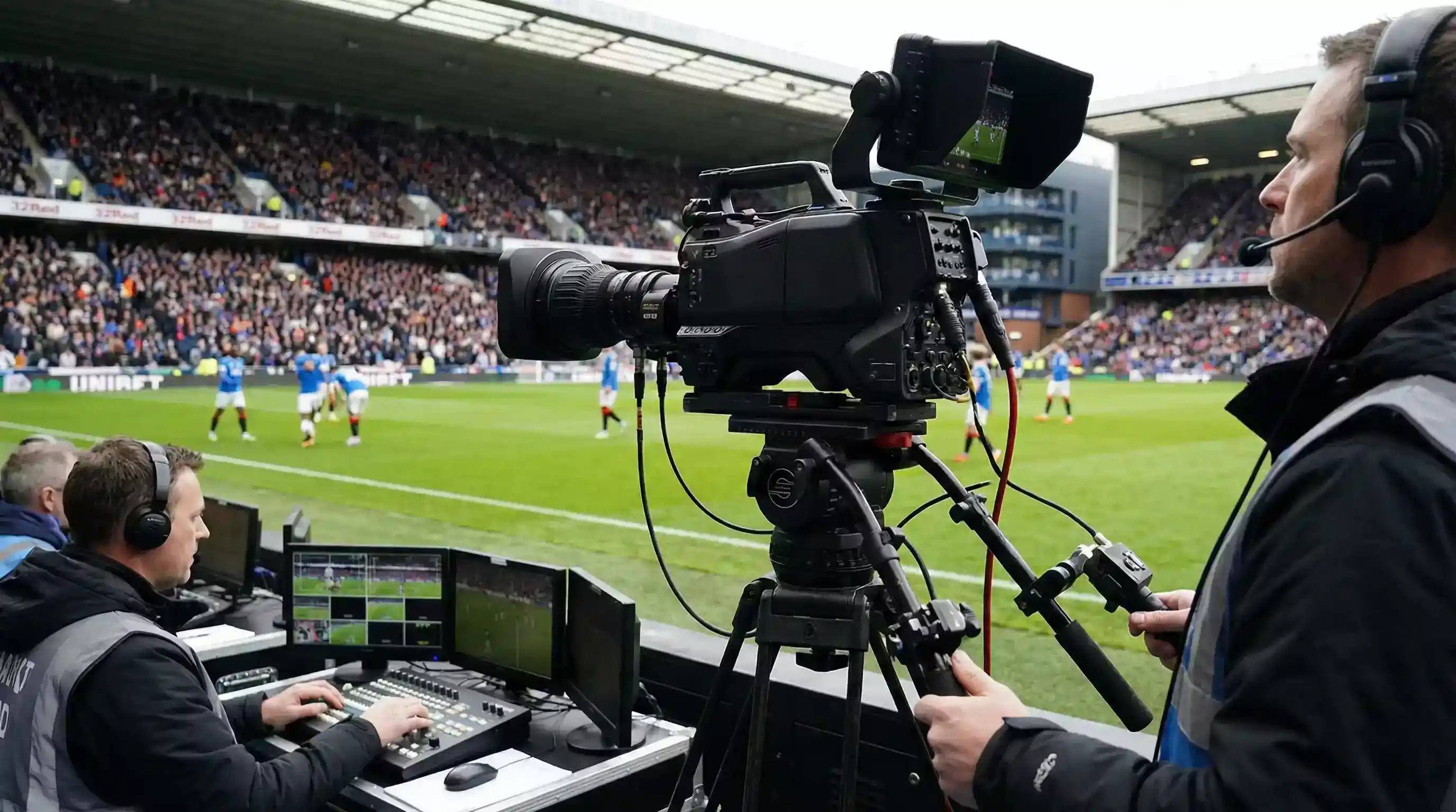 Cámara de televisión profesional enfocando partido de fútbol en estadio