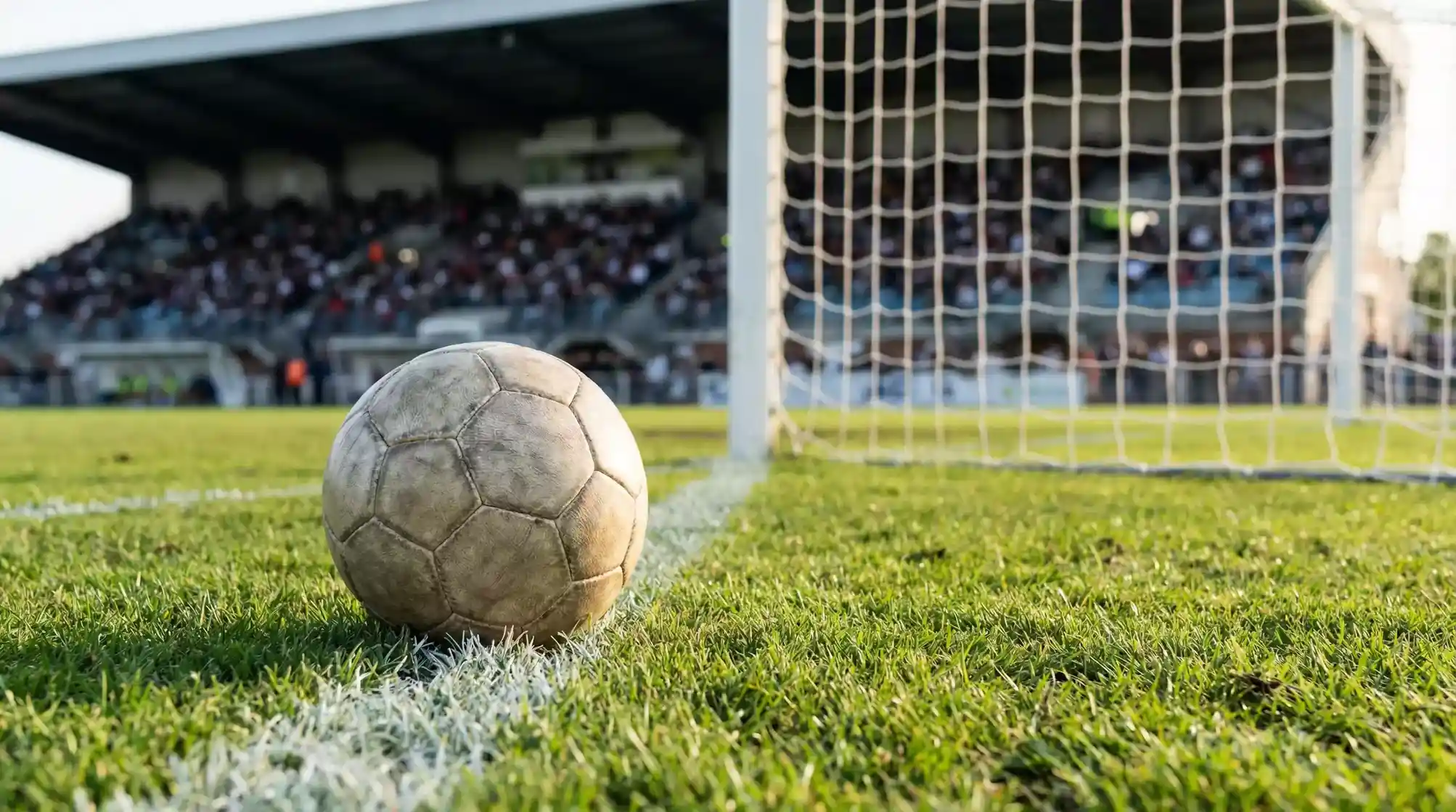 Balón de fútbol en el césped con línea de gol de un estadio de la Ligue 1