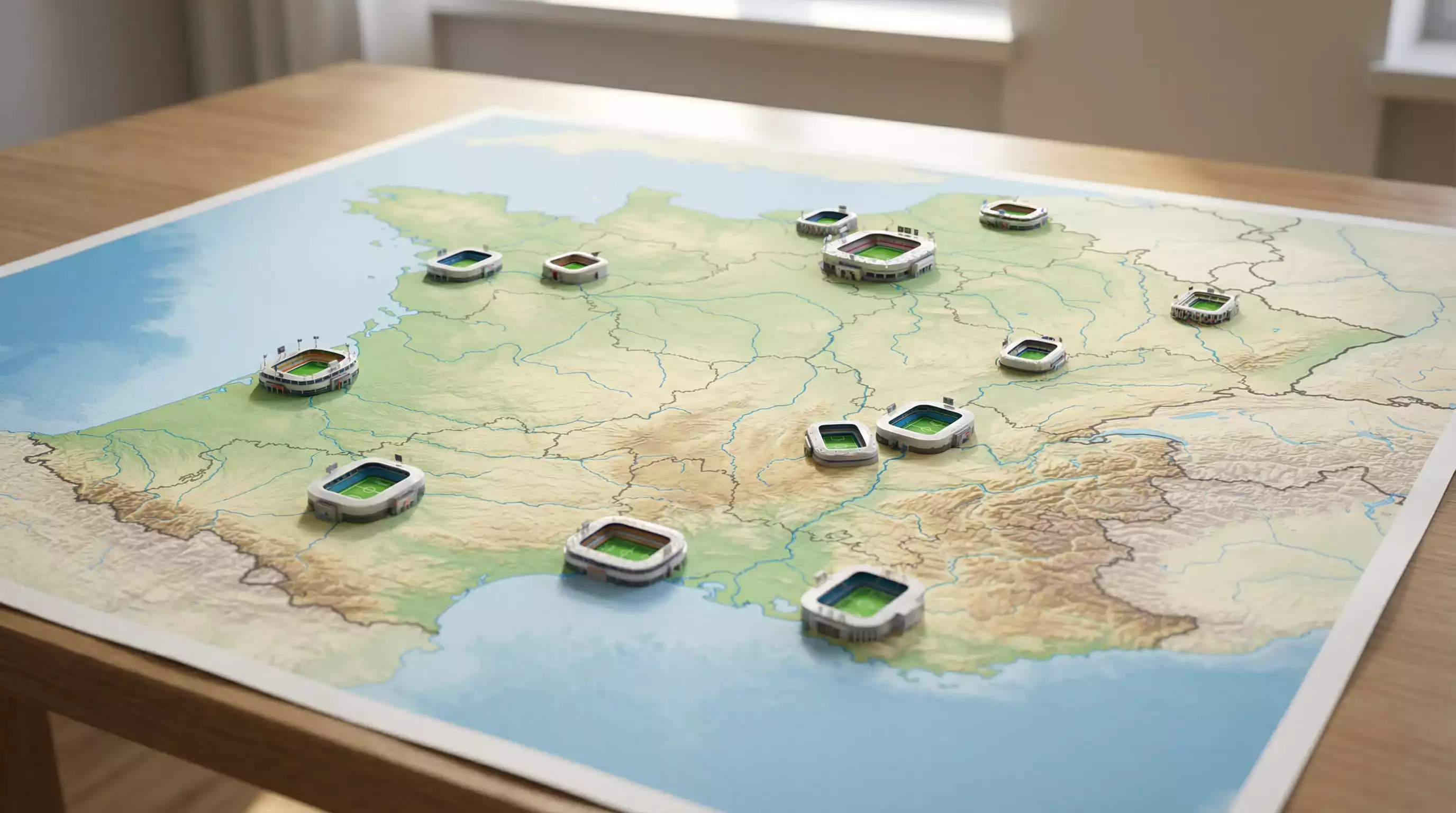Mapa de Francia con iconos de estadios de fútbol de la Ligue 1