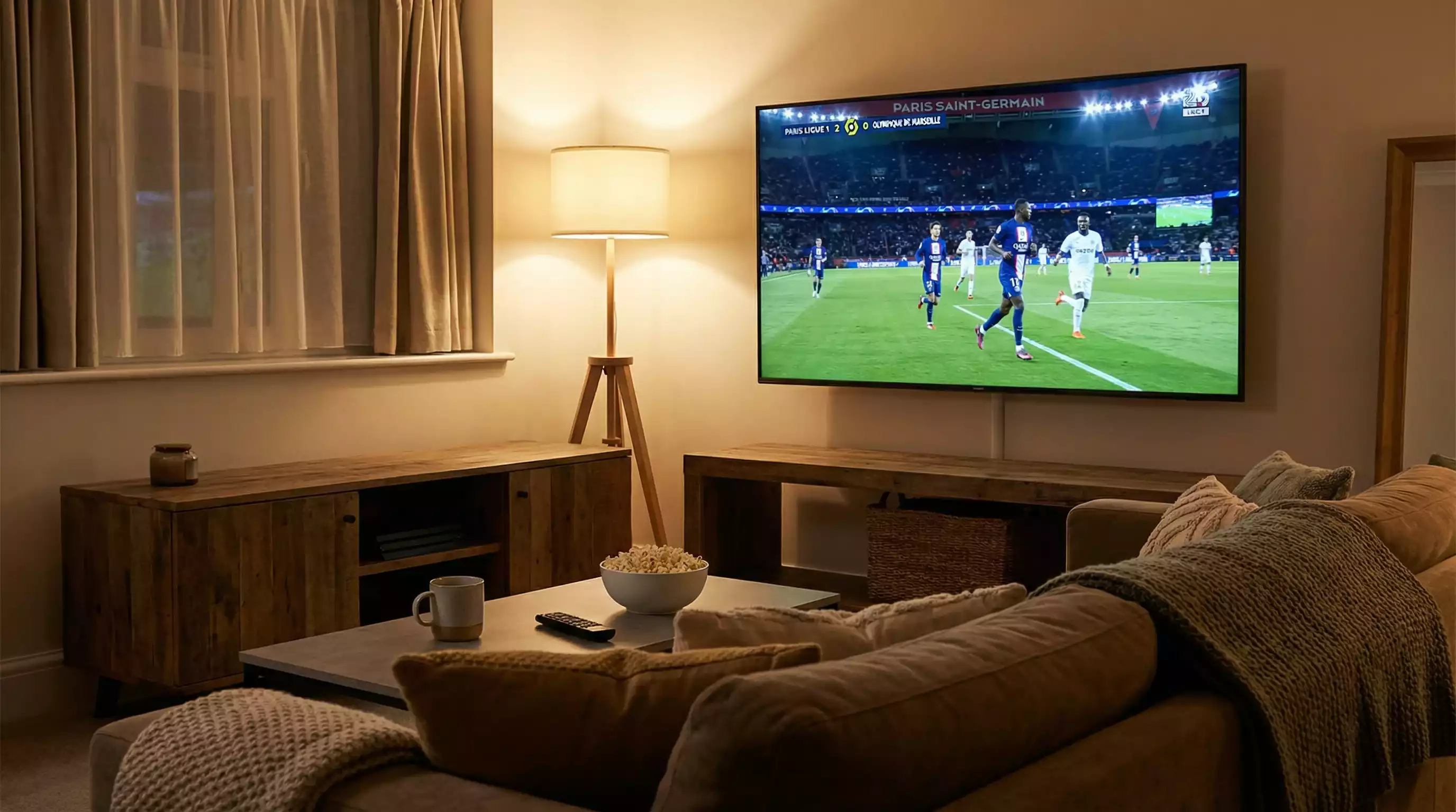 Televisión mostrando partido de fútbol de la Ligue 1 en salón